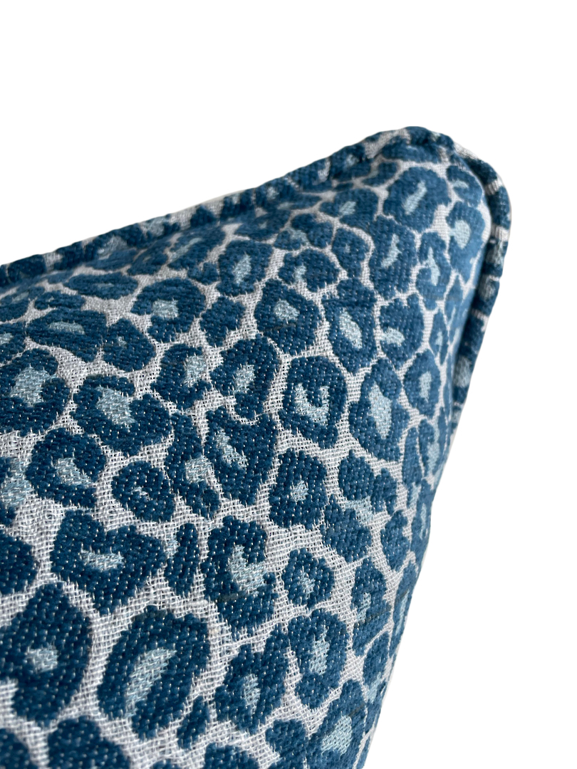 BLUE & WHITE LEOPARD DESIGN CUSHION COVER WITH SELF PIPING image 1